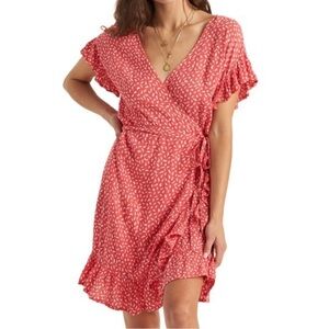NWT Billabong Womens Wrap Tie Mini Dress Pink White Ruffle Beachy V Neck Size L